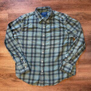 Arizona Jean Co Casual Button Down Mens Medium Green Plaid Rugged Flannel Shirt